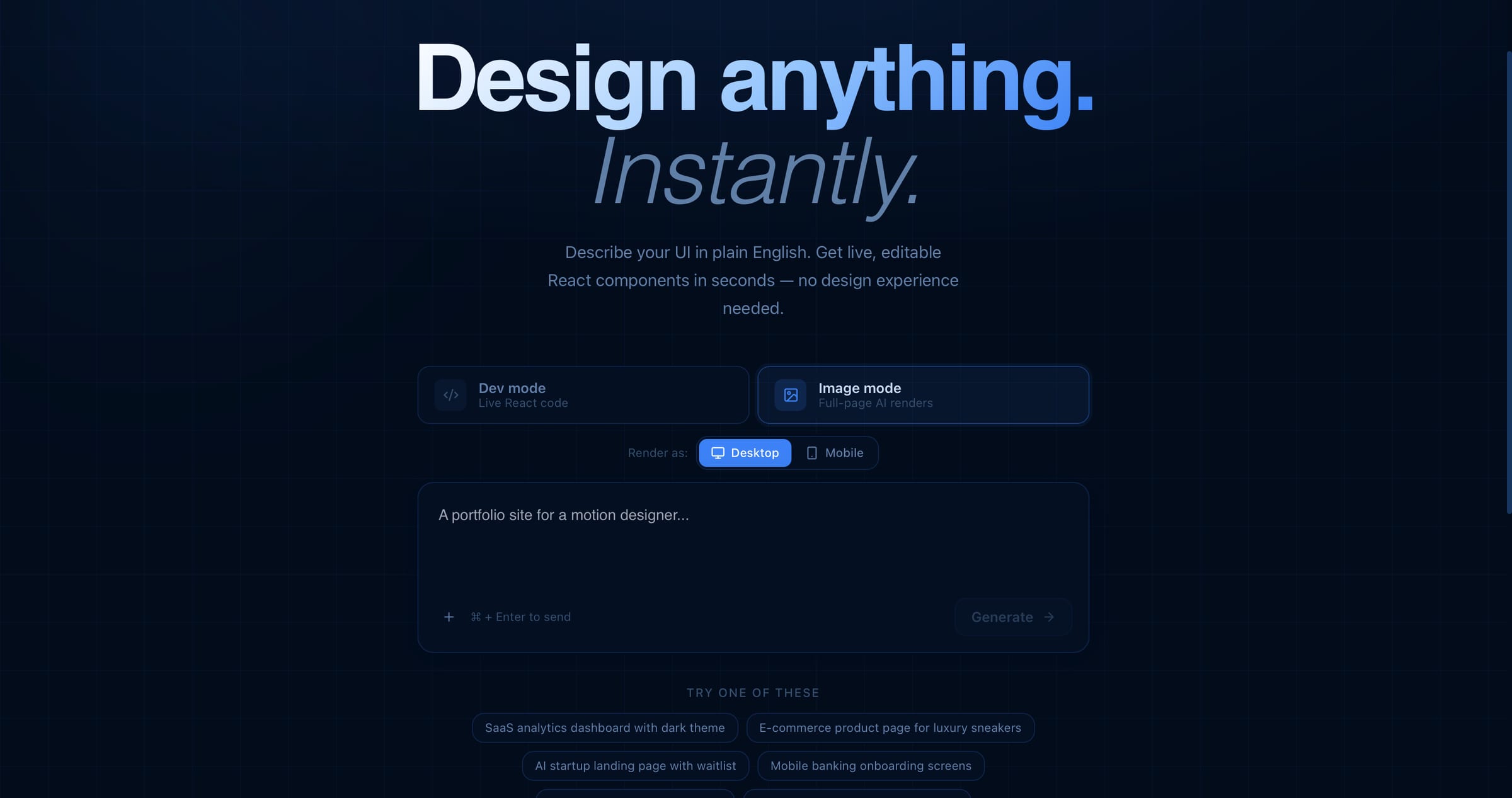 DesignV1 composer — describe your UI in plain English with Dev mode, Image mode, and desktop or mobile targets