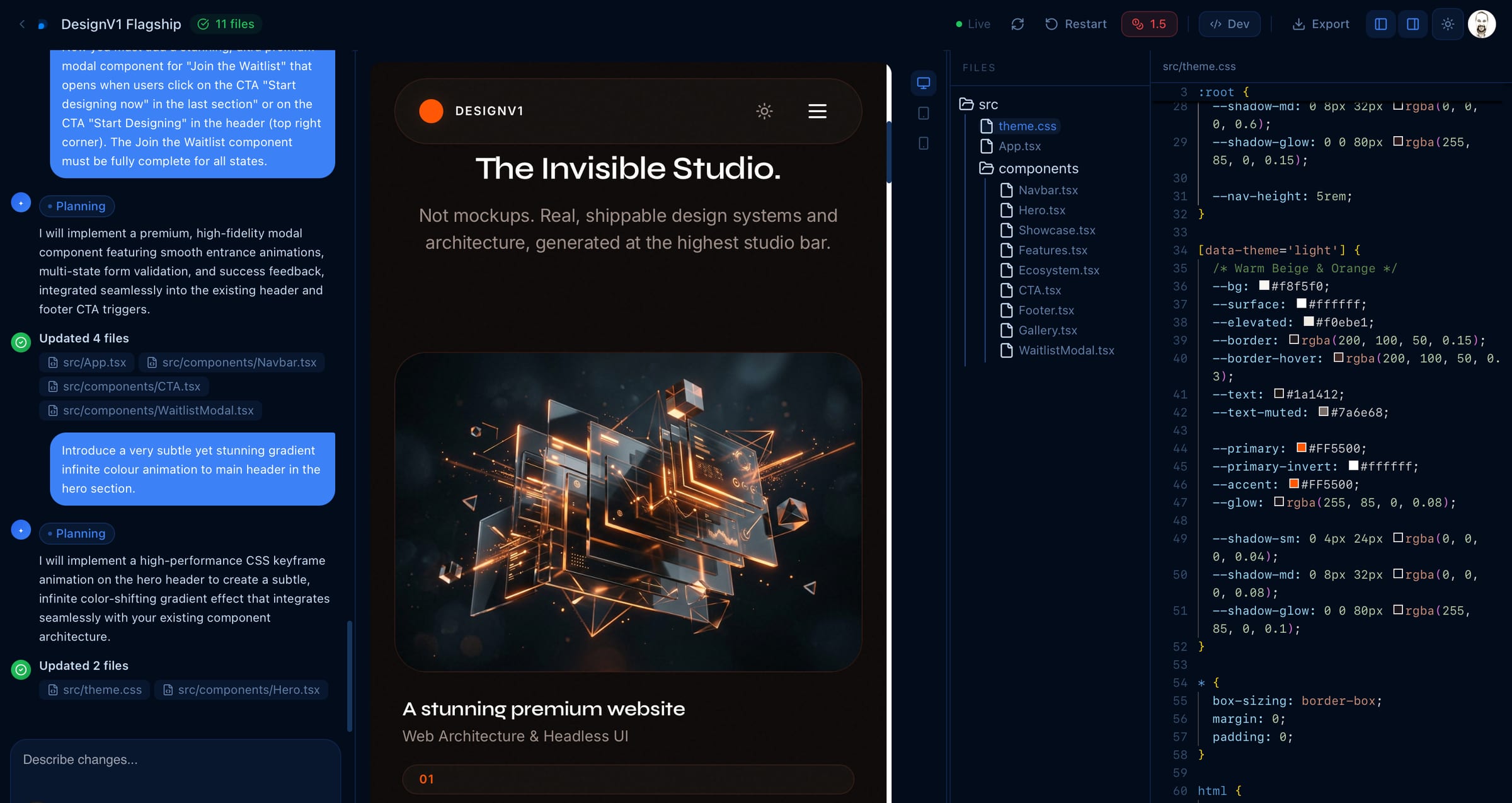 DesignV1 Invisible Studio — real editable React files and the theme.css semantic-token editor