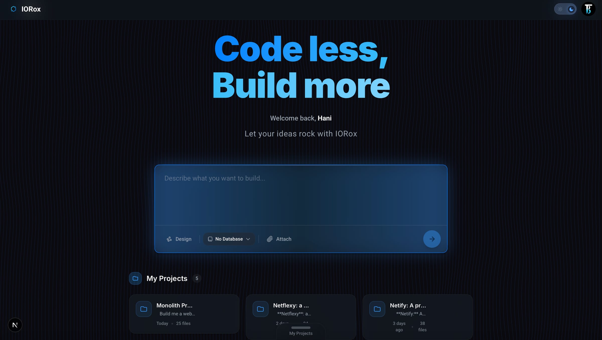 IORox home — describe what you want to build; no code, no terminal