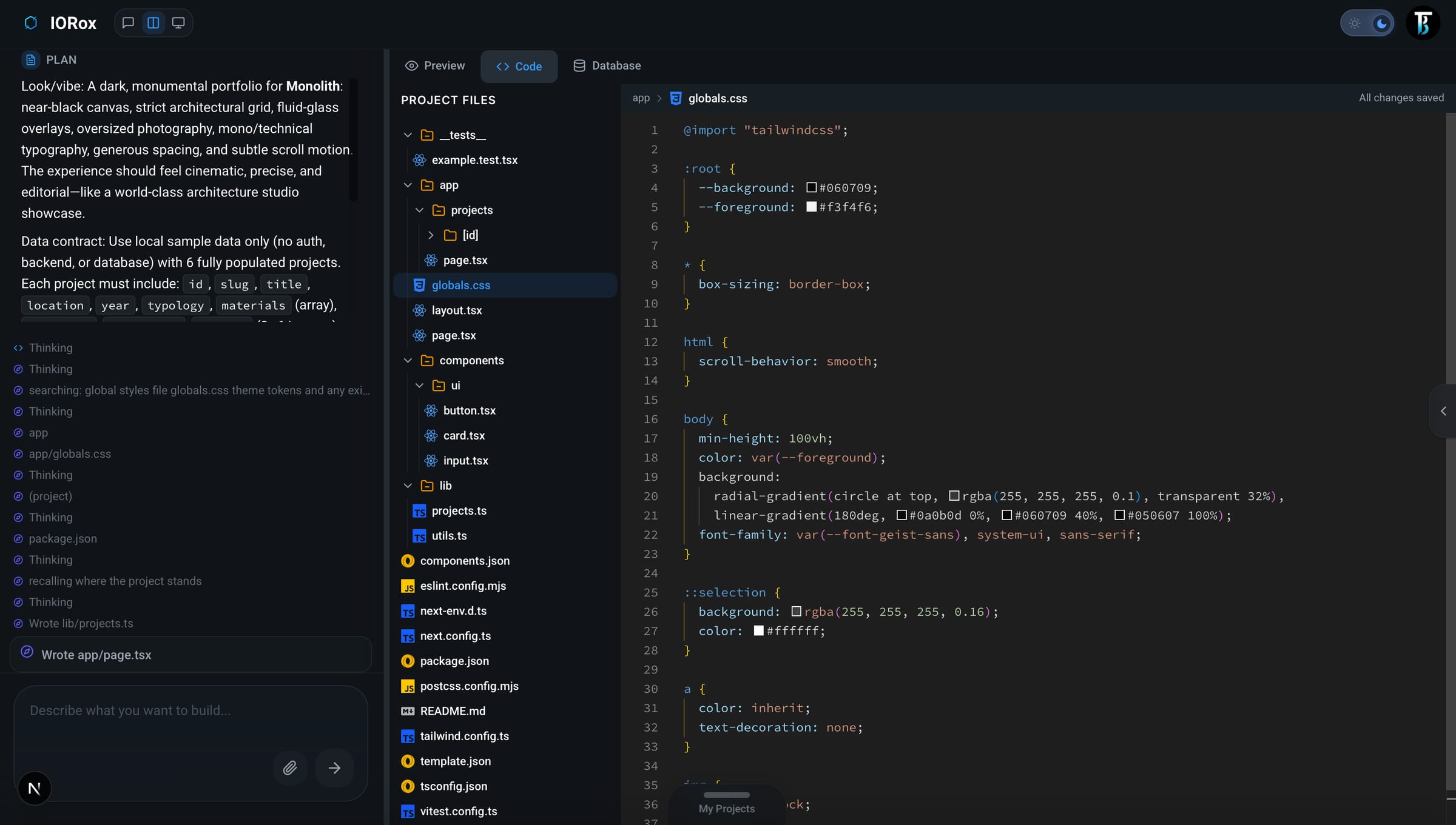IORox project files and editor — real React and Node code you own