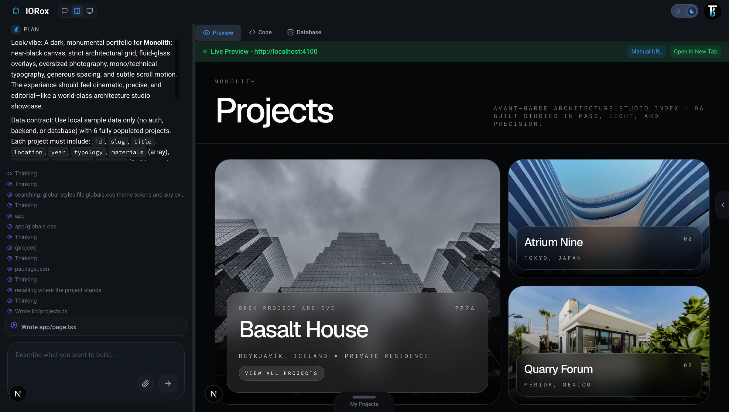 IORox live preview — the finished app actually running with a green Live Preview bar