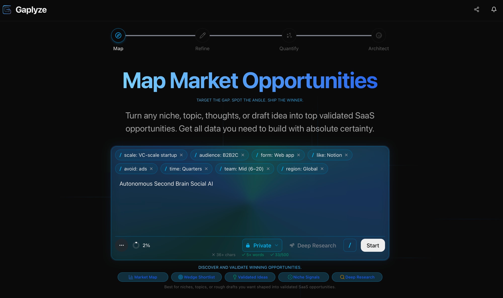 Gaplyze workspace — map market opportunities from any niche, topic, or draft idea