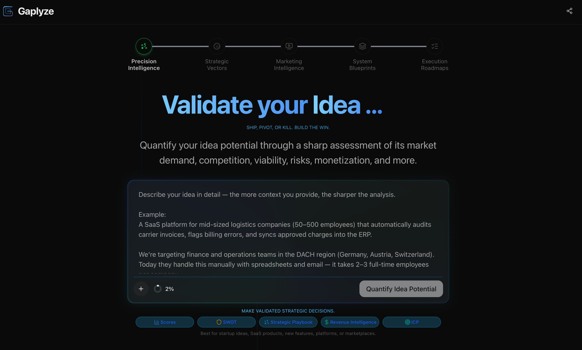 Gaplyze idea validation — quantify an idea's potential across demand, viability, risks, and monetization