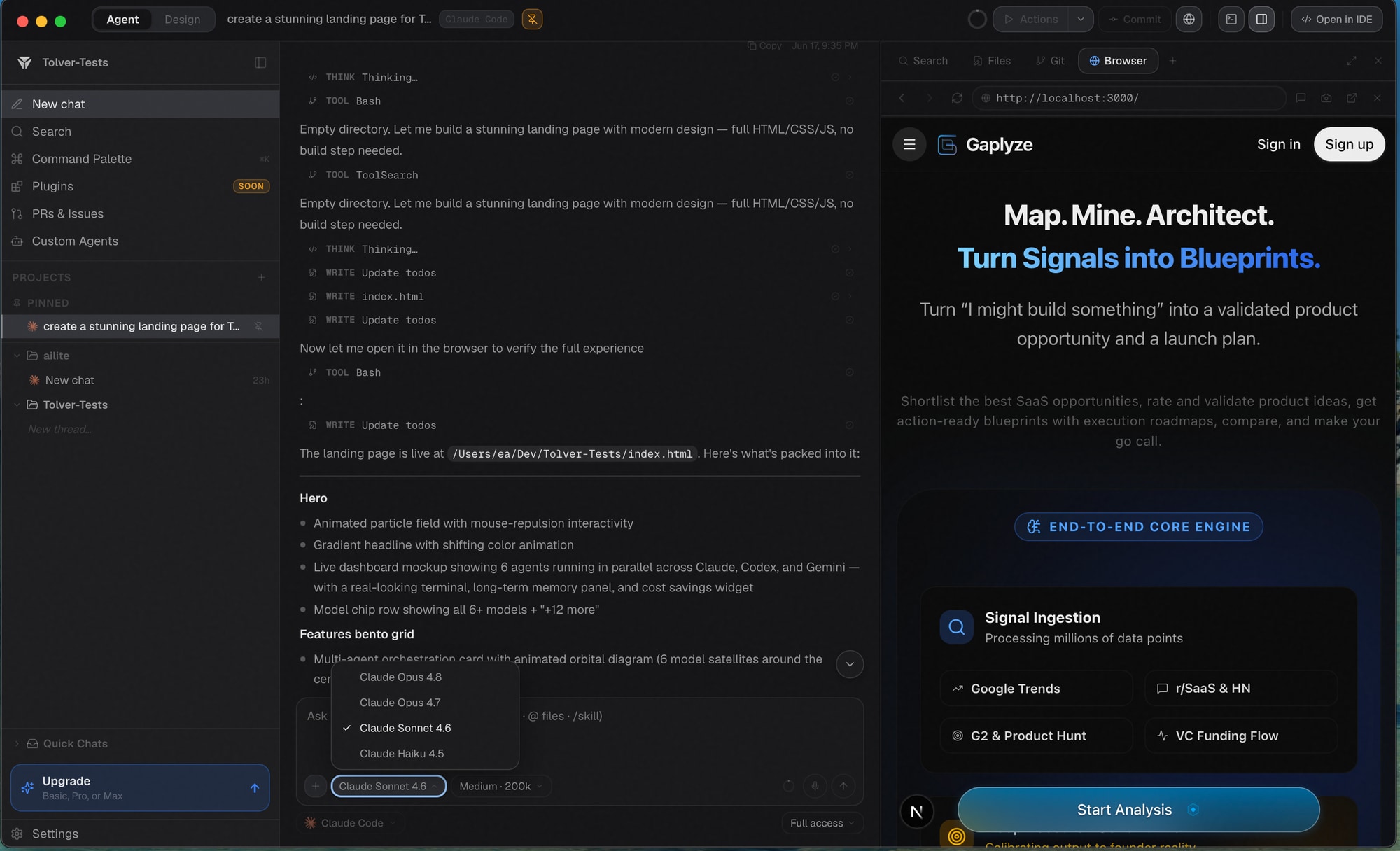 Tolver Mission Center — one agent building with chat, editor, and a docked live browser preview