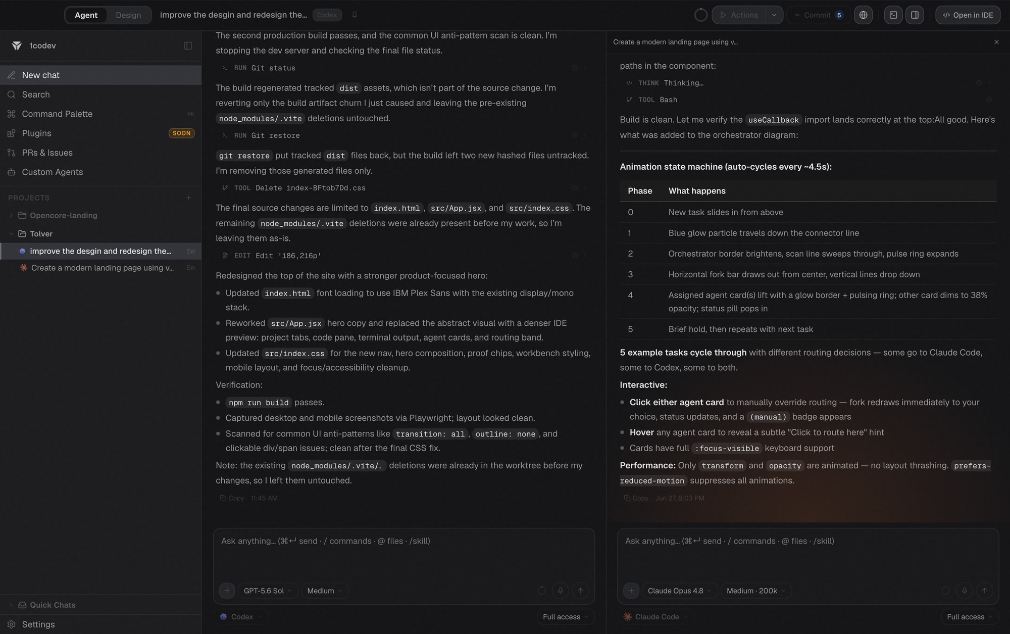 Tolver dual agents — two coding agents working side by side on the same project