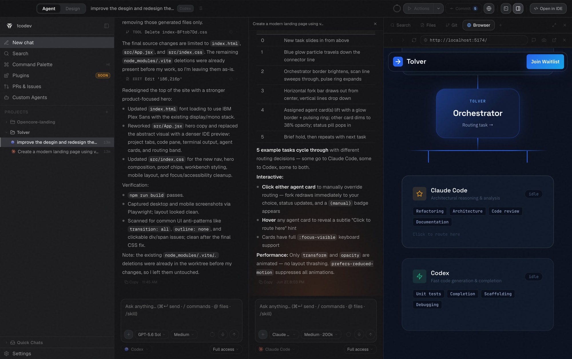 Tolver orchestration — dual agents plus the integrated browser while the orchestrator routes tasks to Claude Code and Codex